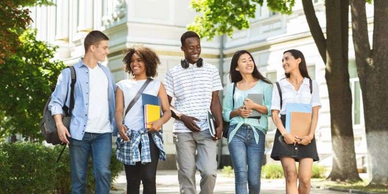 College friends walking together.