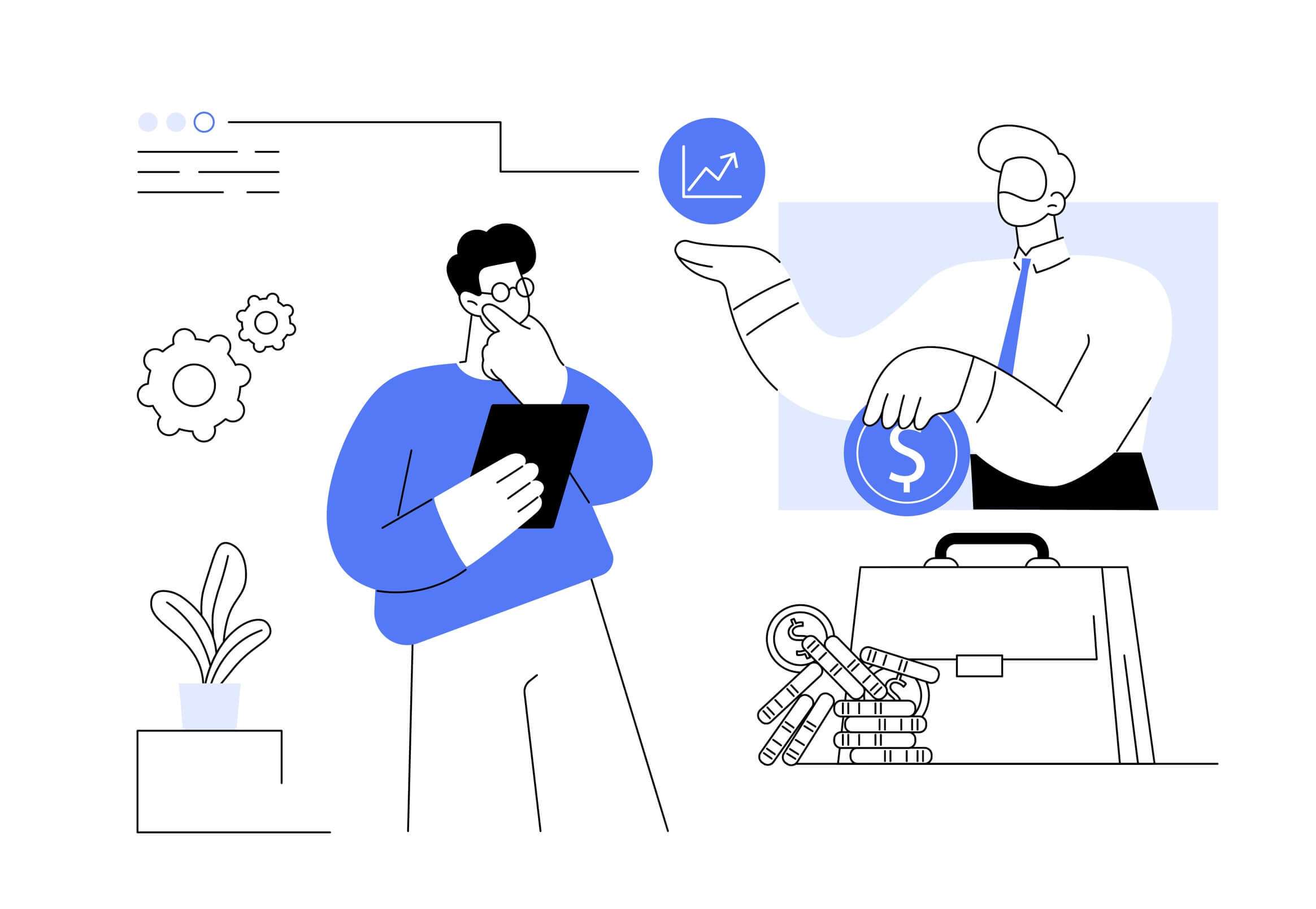 Illustration of person holding money sign and pointing to chart and other person holding mobile device while thinking, briefcase with money present