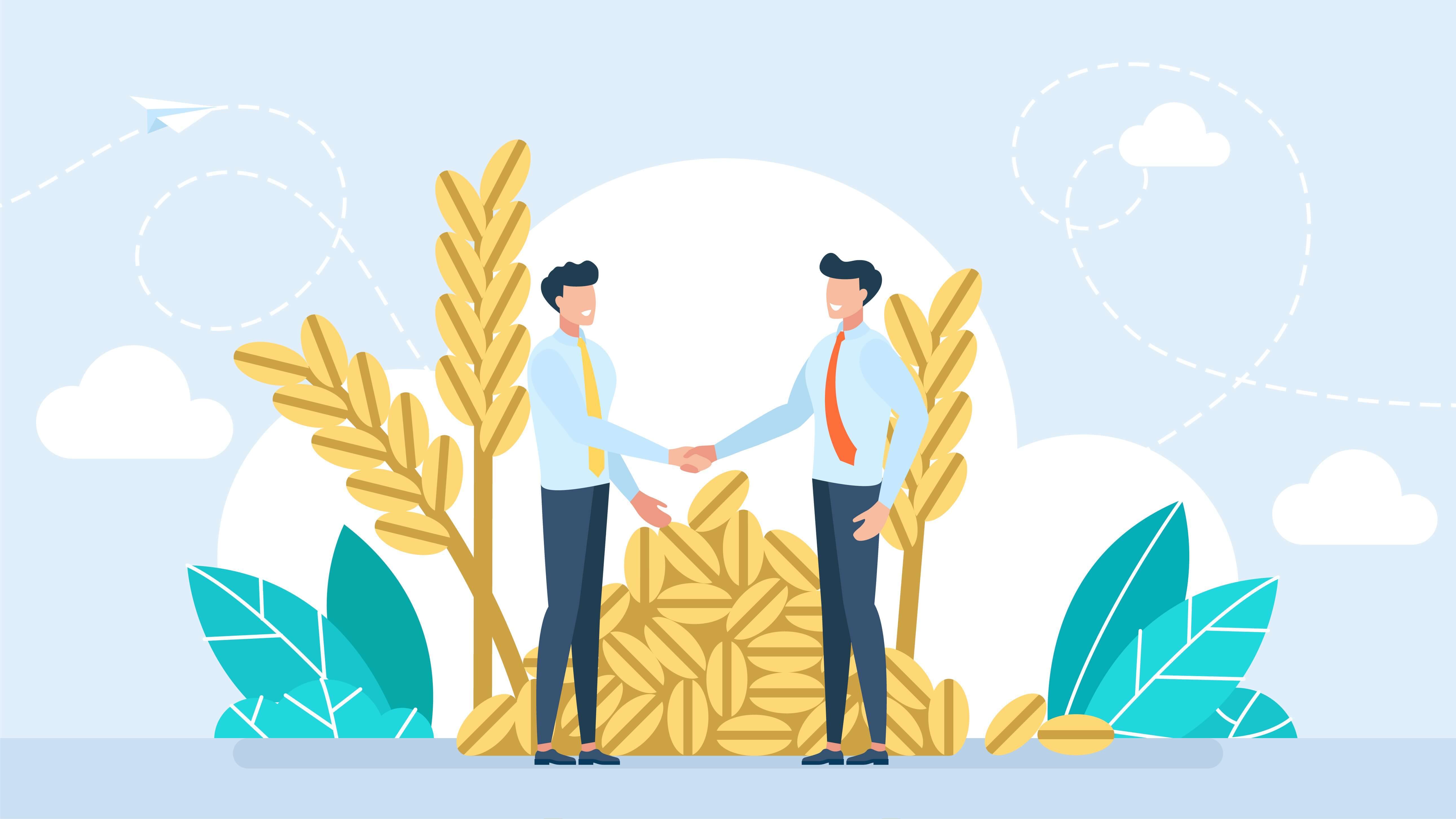 Illustration of two businessmen shaking hands with agricultural motifs behind like wheat