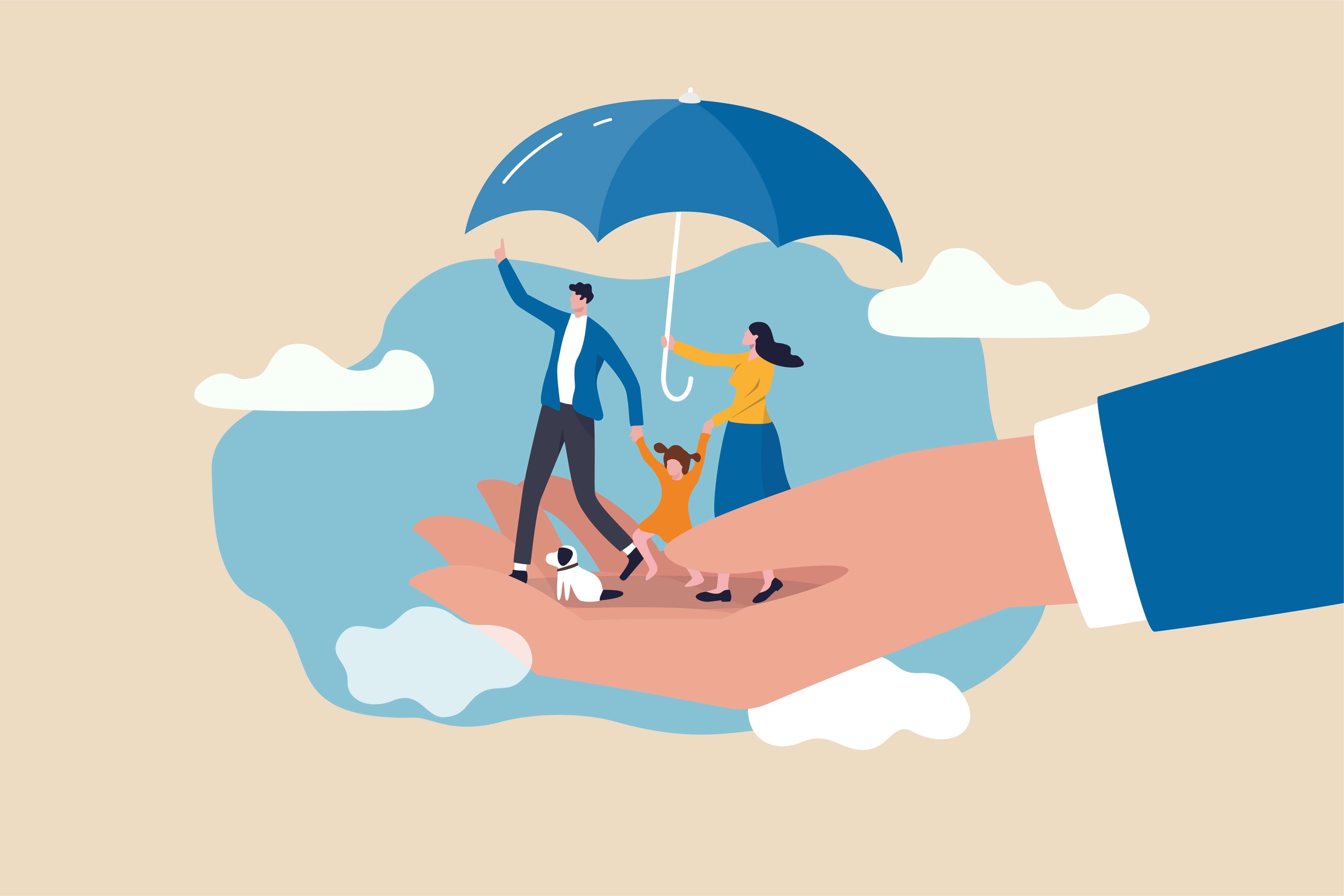 Illustration of hand holding a mother and father with their daughter and dog, with an umbrella over them