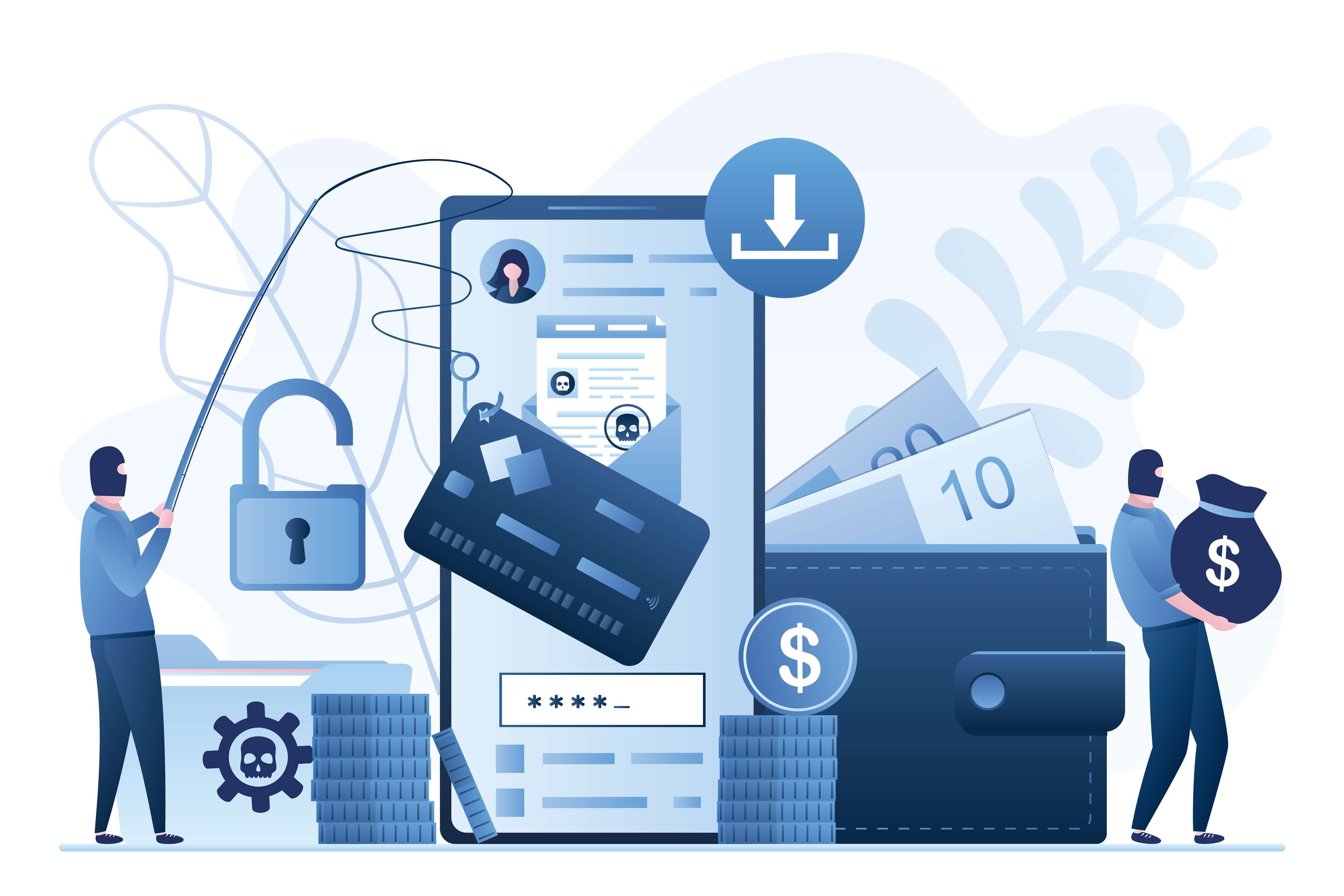 Illustration of mobile phone and wallet with cyber thieves stealing information