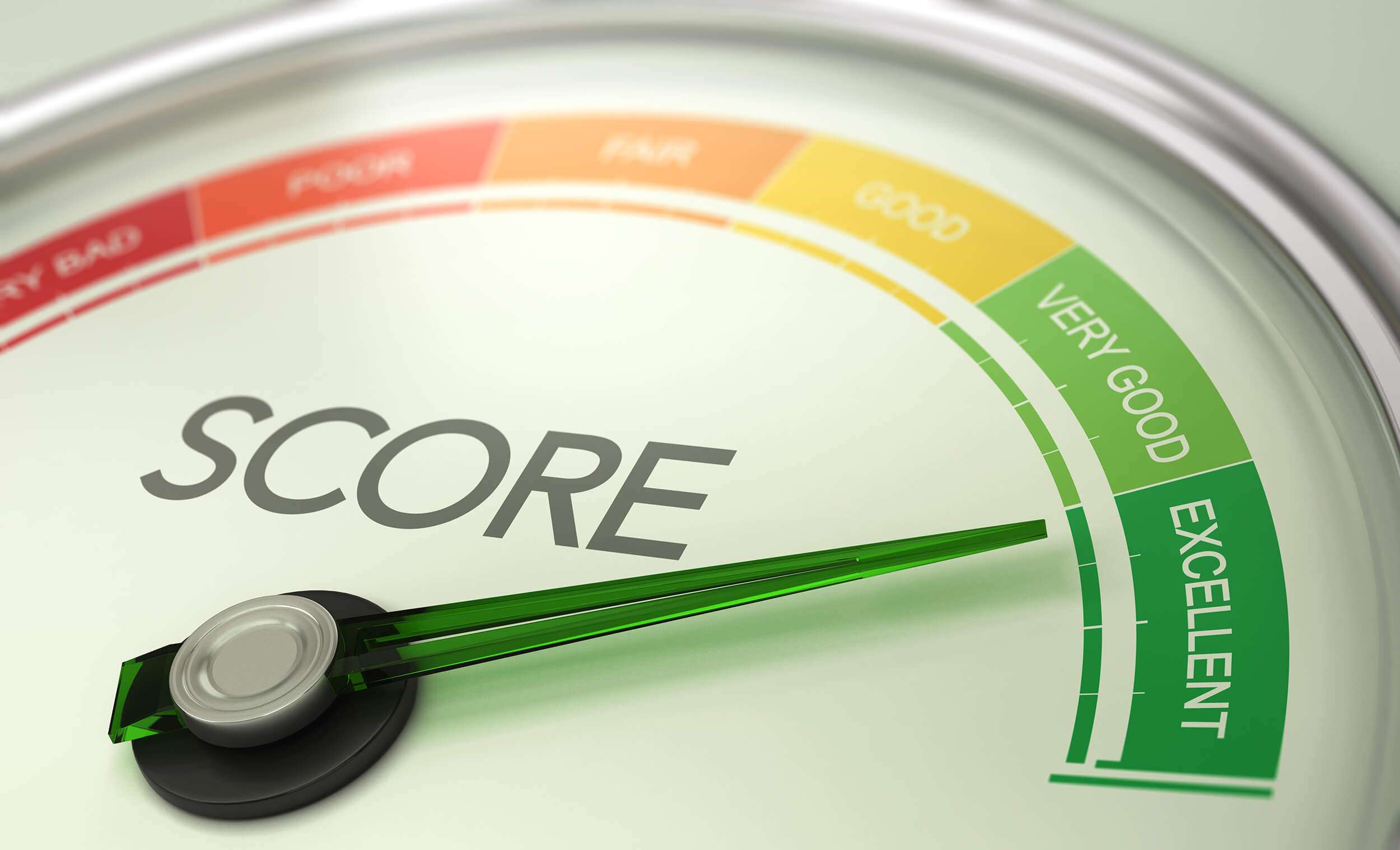 Dial turned toward Very Good on credit score scale