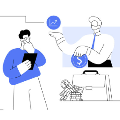 Illustration of person holding money sign and pointing to chart and other person holding mobile device while thinking, briefcase with money present