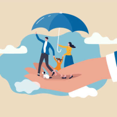 Illustration of hand holding a mother and father with their daughter and dog, with an umbrella over them