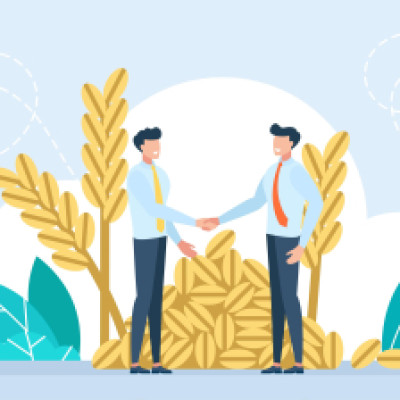 Illustration of two businessmen shaking hands with agricultural motifs behind like wheat