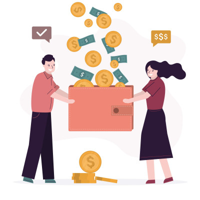 Illustration of man and woman holding wallet between them with coins and money flying around them