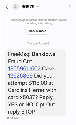 fraud text message sample